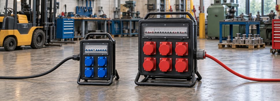 Single-phase and three-phase portable power distribution units in an industrial workshop