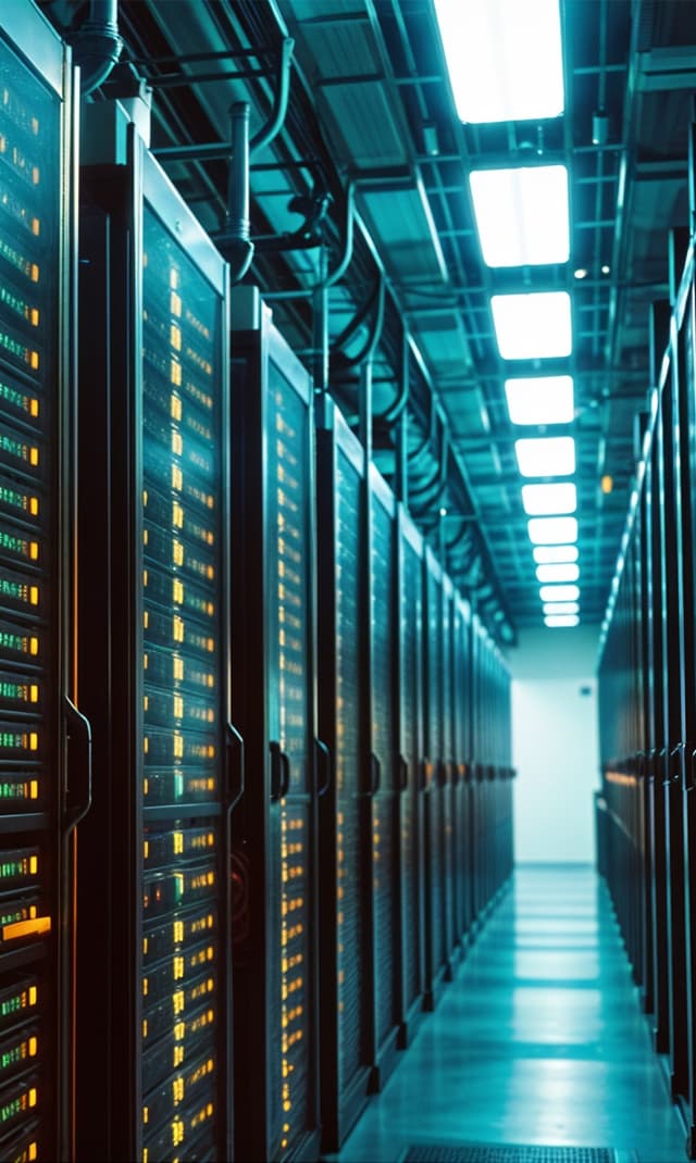 Aisle of enterprise server racks inside a modern data centre, housing high-performance IT infrastructure that supports secure data storage, cloud computing and network operations.