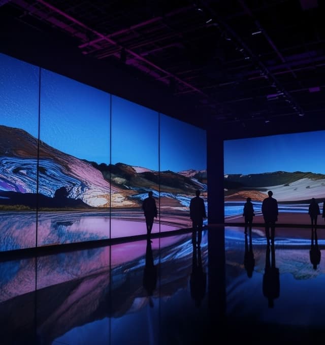 Visitors exploring an immersive projection gallery with large panoramic digital displays creating an interactive audiovisual exhibition experience.