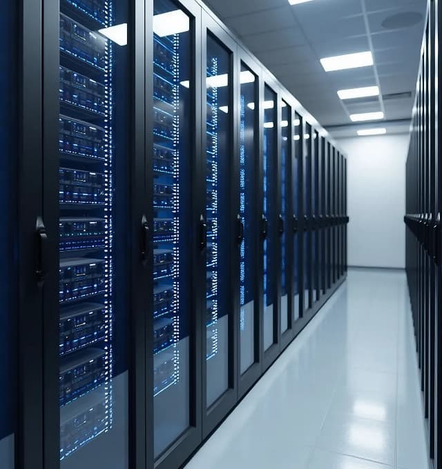 Modern data centre server room with rows of secure server cabinets housing critical IT infrastructure for high-performance computing, data storage and network operations.