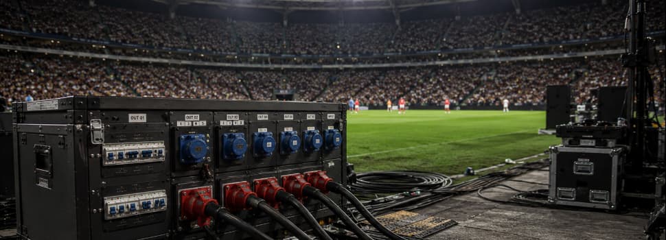 Temporary power distribution units positioned pitchside at a packed football stadium, supplying reliable electrical power for lighting, broadcasting and live event infrastructure.
