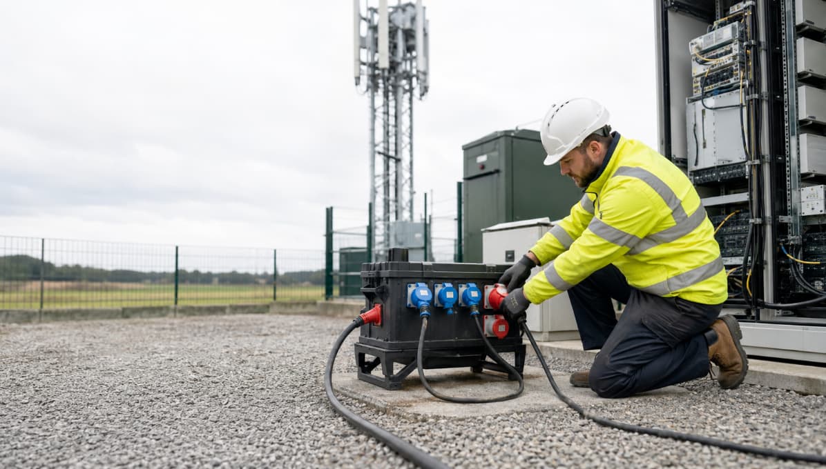 Engineer connecting a portable power distribution unit at a telecommunications site