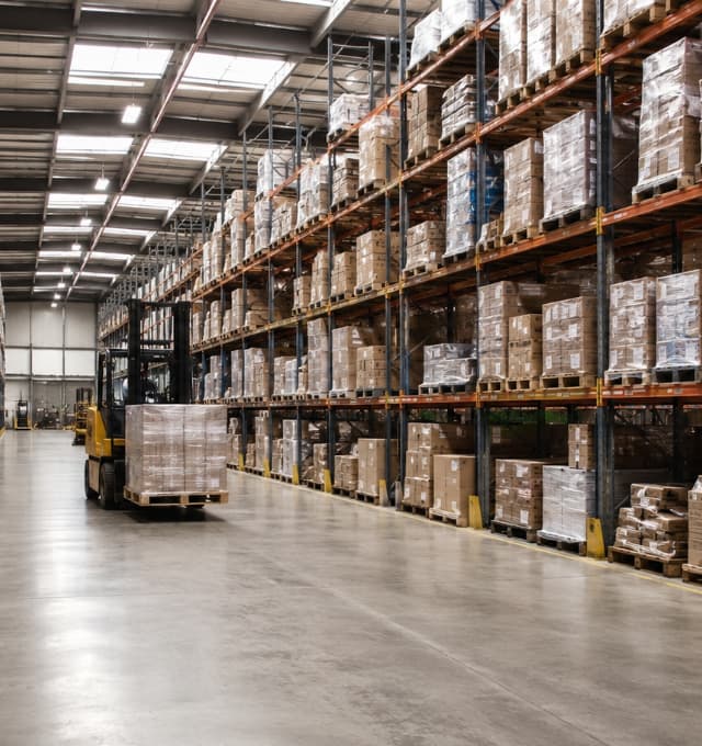 stocked warehouse shelves with fork lift